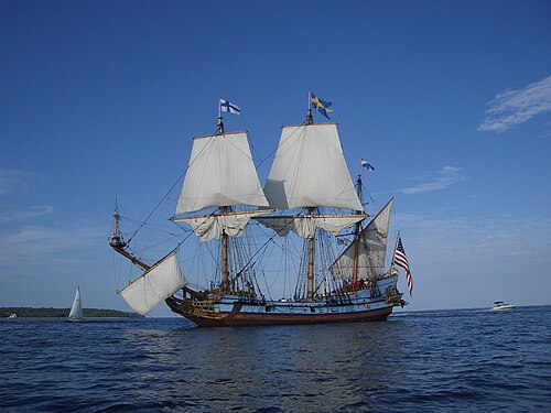 In Chesapeake Bay, 2008, flying from foretop to stern the Finnish, Swedish naval, Dutch and American flags.