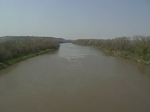 Kaw River (map) from looking southward from middle of Turner Diagonal bridge. (April 2007) KawRiverTurner.JPG