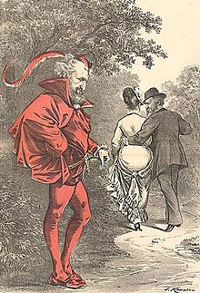 A political cartoon by Joseph Keppler depicts Roscoe Conkling as Mephistopheles, as Rutherford B. Hayes strolls off with a woman labeled as "Solid South" Keppler-Conkling-Mephistopheles.jpg