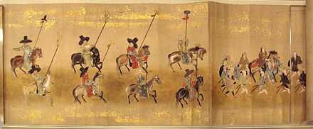 Painting of a procession of people and horses