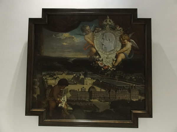 Celebratory tapestry cartoon showing the expanded Louvre between a cherub holding a ribbon inscribed with "LE LOUVRE DE NAPOLEON III" (lower left) and two angels holding the Emperor's profile (upper right), by Victor Chavet  (1857); now at the Louvre