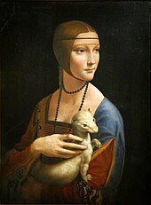 La Dame à l'« hermine », Léonard de Vinci (1490). Cette « hermine » qui, est en réalité un furet Albinos, est un exemple ancien de furet de compagnie.