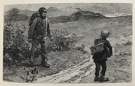 Jean Valjean et le jeune ramoneur Petit-Gervais. Illustration de Jeanniot.