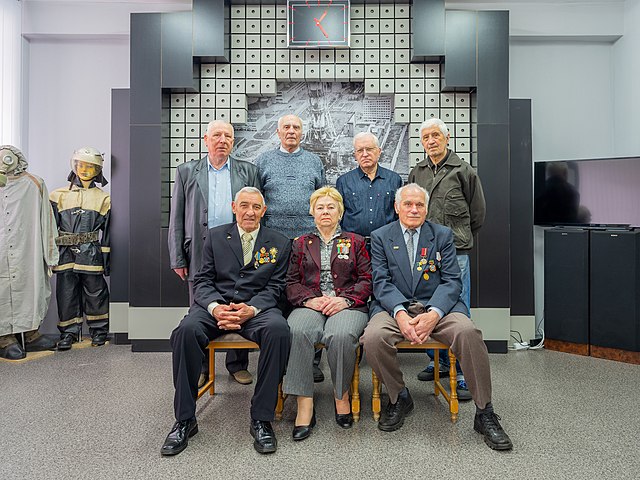 Liquidators of Chernobyl, gathered at the Slavutych museum on the 32nd anniversary of the disaster.