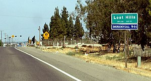 Lost Hills, California western town limits sign (crop) (2011).jpg