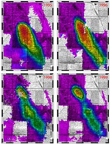 Rapid ground subsidence over the Lost Hills oil field in California. (NASA/JPL-Caltech) Lost Hills Subsidence interferogram.jpg