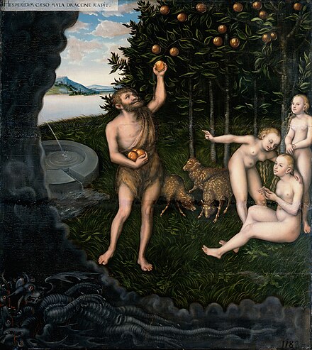 Heracles stealing the apples from the Hesperides
