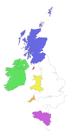 Outline map of the British Isles and northern France with some countries and regions highlighted. Scotland in blue; Ireland in green; Isle of Man in red; Wales in yellow; Cornwall in orange; Brittany in pink.