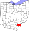 Mapa estadual destacando o condado de Meigs