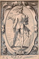 Jacob Matham (after a design by Hendrick Goltzius). 3. Mars label QS:Len,"Mars" label QS:Lpl,"Mars" 1597. copper engraving print. Private collection institution QS:P195,Q768717 .