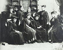 Medical students at the University of Melbourne: Seated (L-R) Clara Stone, Margaret Whyte, Grace Vale, Elizabeth O'Hara. Standing (L-R) Helen Sexton, Lilian Alexander, Annie O'Hara. Medical students at the University of Melbourne, 1887 black and white.jpg