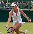 Michelle Larcher de Brito competing in the first round of the 2015 Wimbledon Qualifying Tournament at the Bank of England Sports Grounds in Roehampton, England. The winners of three rounds of competition qualify for the main draw of Wimbledon the following week.