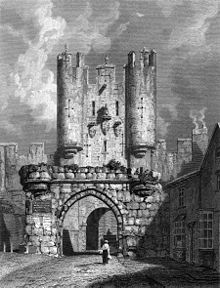 Etching from 1814 showing Micklegate Bar with its ruined barbican still in place Micklegate Bar etching.jpg