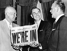 President Eisenhower, Mike Stepovich, and Fred A. Seaton celebrate Alaska statehood. Mike stepovich we're in.jpg