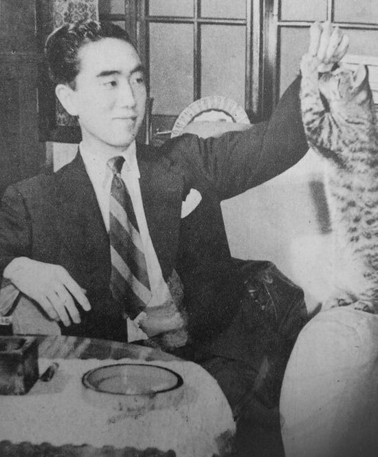 Mishima with his cat (Asahigraph, 12 May 1948 issue). He was known as a cat lover. Yōko (his wife) was jealous of his pet cat, and disliked him pettin