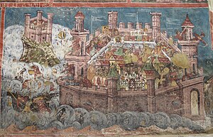 A colorful mural made up of mostly red, blue and grey, which depicts the Siege of Constantinople in 626.