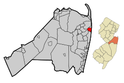 Карта пляжа Монмут в графстве Монмут. Врезка: расположение округа Монмут, выделенного в штате Нью-Джерси.