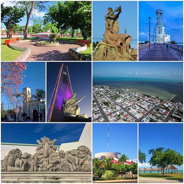 From the top to the left: Parque de los Caimanes, Monumento al Renacimiento, Faro, Catedral, Torre del Reloj y Monumento militar, Vista aérea, Alegorí