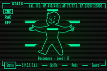 The main screen of the Pip-Boy 3000, demonstrating its monochrome monitor and use of the Vault Boy character Mr. Pip-Boy.png