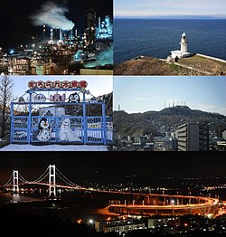 Top:View of Muroran Refinery area at night, Cape of Chikyu and view of Pacific Ocean, (left to right) Middle:Muroran Aquarium, View of Muroran Station area and Mount Sokuryō, (left to right) Bottom:Night view of Hakuchō Bridge