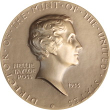 Nellie Tayloe Ross, seen in this medal by Sinnock, favored placing Franklin on the half dollar. Nellie Tayloe Ross medal.png
