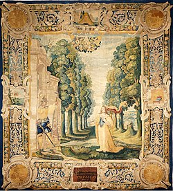 17th-Century French tapestry with the text of Song 1:7 in Latin on the center bottom ("Tell me, O thou whom my soul loveth, where thou feedest"). Palace of Tau, Rheims. Ou paissent les brebis 04221.JPG