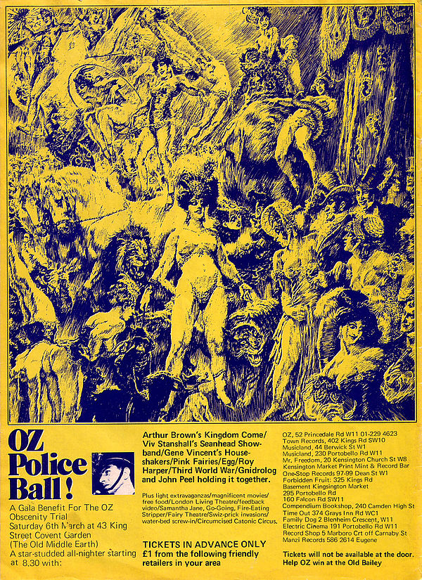 Oz London, No.33, back cover advertising "A Gala Benefit for the Oz Obscenity Trial"