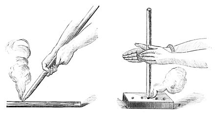 A fire plough (left), as opposed to a hand drill (right).