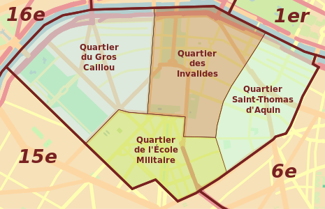 De fyra administrativa distrikten i Paris sjunde arrondissement.