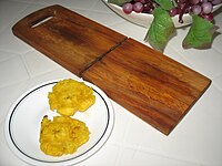 Tostones, a fried plantain dish Patacones.JPG