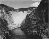 A 1941 photograph by Ansel Adams of the then Boulder Dam. Photograph Looking Down the Colorado River Toward the Boulder Dam, 1941 - NARA - 519846.tif