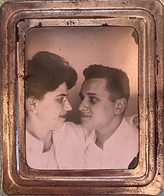 Photomatic souvenir photo and metal frame front view from the International Mutoscope Reel Co., circa 1957, Asbury Park, New Jersey. Pictured is Gerard Foschini and his wife Arlene. Photomaticfront.jpg