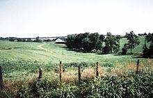 The 20th Pennsylvania Cavalry attacked from right to left in this picture, toward the Middle River in the vicinity of the barn, where they herded up hundreds of prisoners. Piedmont Battlefield Left Flank.jpg