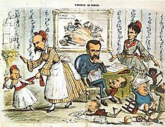 Caricatura de La Flaca donde aparece España con gorro frigio indignida por la actitud de Salmerón y Castelar.