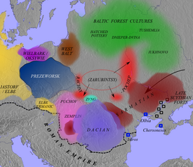 Central and East European cultures ca. 100 AD. The Zarubintsy culture is shown expanding into the Post-Zarubintsy horizon (red), the area where the Proto-Slavic people are thought to have formed. Rome and the Barbarians in Eastern and Central Europe around 100 AD by Shchukin.png