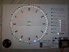 A Charlieplexed digital clock which controls 90 LEDs with 10 pins of a PIC 16C54 microcontroller. Sandorclock.jpg