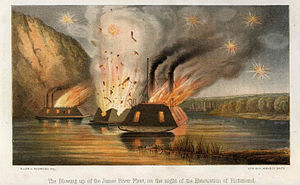 "The Blowing up of the James River Fleet, on the night of the Evacuation of Richmond." By Allen C. Redwood. Scuttling of the Richmond ironclads.jpg