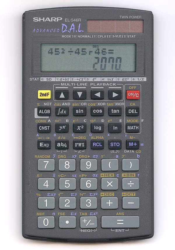 A Sharp scientific calculator using infix notation. Note the formula on the dot-matrix line above and the answer on the seven-segment line below, as w