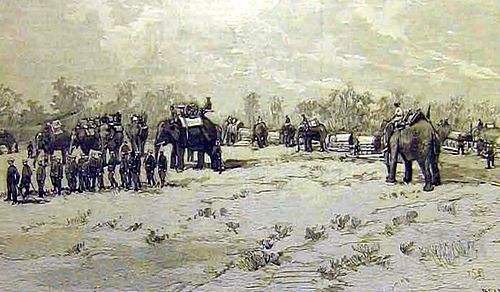Artillerie op olifanten van Siam in de strijd tegen de Fransen in Laos, 1893.