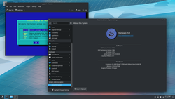 Slackware 15.0, jossa KDE-työympäristö ja pkgtool avoinna.
