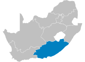 Kart over iMpuma-Koloni (xhosa) Oos-Kaap (afrikaans) Eastern Cape (engelsk) Kapa Botjhabela (sotho)