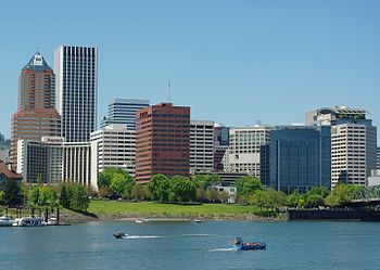 Skyline of Portland's south downtown in 2010 (Use cursor to identify buildings) South Downtown Waterfront - Portland, Oregon.JPG