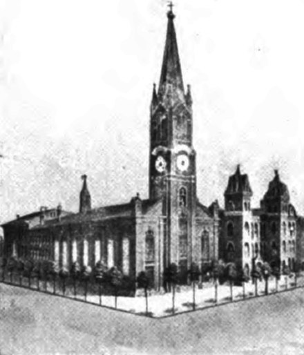 St. Mary Redemptorist Catholic Church as it looked in 1914, viewed from the corner of Broadway and Pine Street. The Sisters of St. Francis Convent is at right. St. Mary's Lyceum, not depicted, would be off the margin of the picture, to the right of the convent.