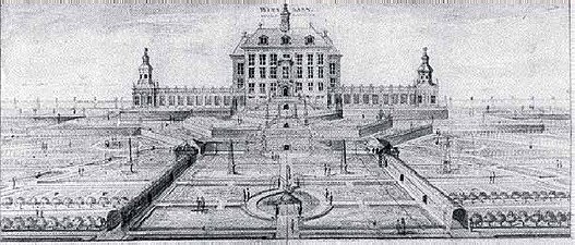 Venngarns slott från sydväst med parterren i förgrunden och de radiella spegeldammarna på vardera sidan. Kopparstick av Willem Swidde, cirka 1695. Renritad förlaga till Suecia Antiqua et Hodierna.