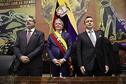 Outgoing President Guillermo Lasso (center) with President-elect Daniel Noboa (right) at the latter's inauguration in November 2023. TRANSMISION DE MANDO PRESIDENCIAL (23-11-2023) 05.jpg