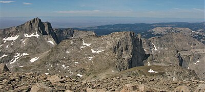 Temple Peak (left) and East Temple Peak (center) seen from the east on Wind River Peak