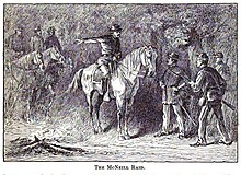 "McNeill, still personating the Ohio captain, said, "I wish that General Grant would remove granny Kelley from Cumberland, and put Crook in command," and in this wish the outpost officer concurred, when Crook laughed audibly and again punched Kelley's leg next to him; and from that time till they got to Richmond, Crook lost no opportunity to poke fun at him." The McNeill Raid.jpg