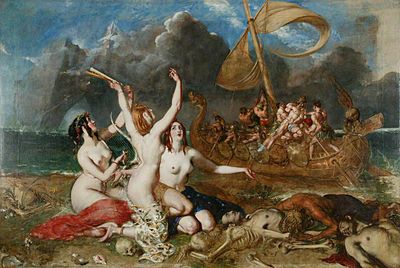 The Sirens and Ulysses, 1837, 442.5 by 297 cm (14 ft 6.2 in by 9 ft 8.9 in) The Sirens and Ulysses by William Etty, 1837.jpg