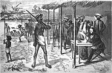 A half-naked Paraguayan soldier on sentry duty at Solano Lopez's headquarters The War in Paraguay - Head-Quarters of President Lopez. - (From a Sketch by General M'Mahon).jpg