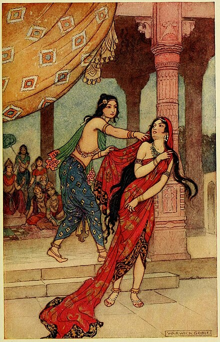 Dushasana drags Draupadi to court.